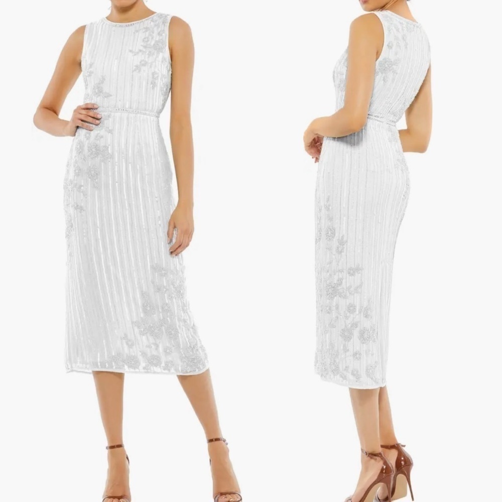NWT Mac Duggal Cocktail Tea Length Beaded Jewel white Sz 2